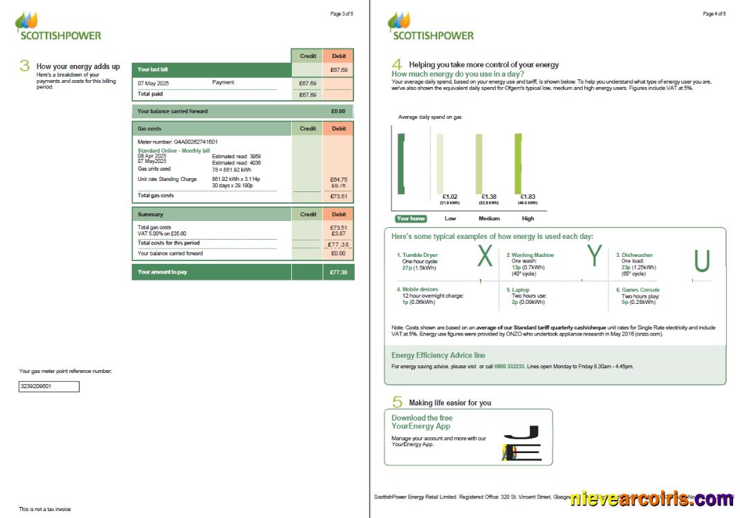 Scotland Scottish Power utility bill, 6 pages, 3-4 pages